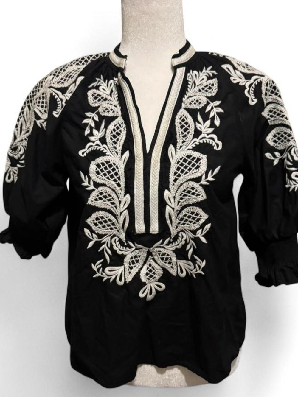 Maeve Embroidered Black Peasant Blouse with embroidery White Detail - Picture 4 of 8